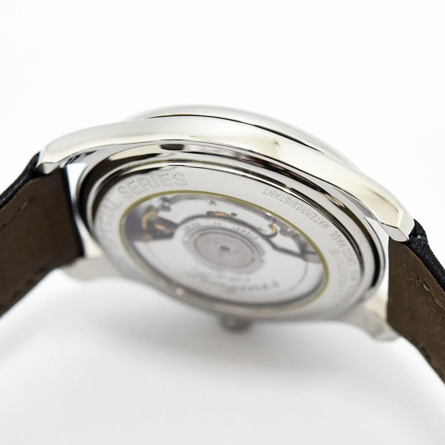 VINTAGE WATCHES FASHIONのクラシックな自動巻きメンズウォッチ。ステンレススチールケース、ブラックレザーベルト、日付表示窓付き。