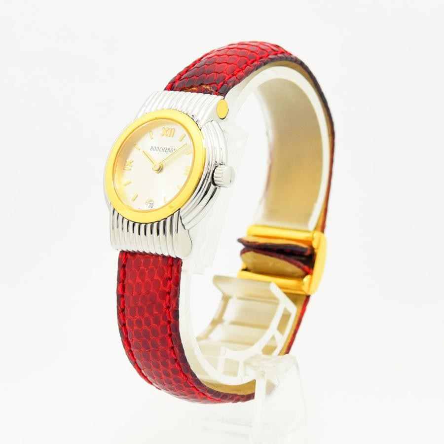 VINTAGE WATCHES FASHIONのブシュロン製ヴィンテージレディースウォッチ。シルバーとゴールドのコンビケースに鮮やかなレッドのエキゾチックレザーベルトが映えるエレガントな腕時計。