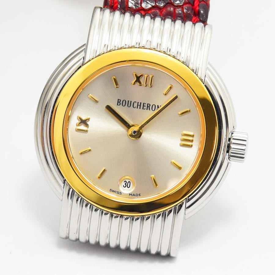 VINTAGE WATCHES FASHIONのBOUCHERONヴィンテージレディースウォッチ。シルバーとゴールドのコンビケースに赤いレザーベルトが映えるエレガントな腕時計。