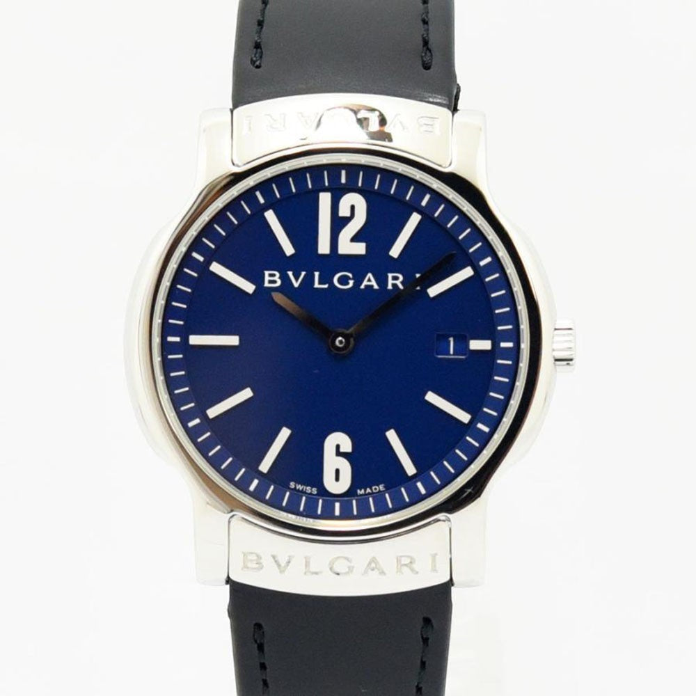 VINTAGE WATCHES FASHION ブルガリ ソロテンポ ST35S メンズ腕時計。ブルー文字盤、シルバーケース、ブラックレザーベルト、日付表示機能付き。