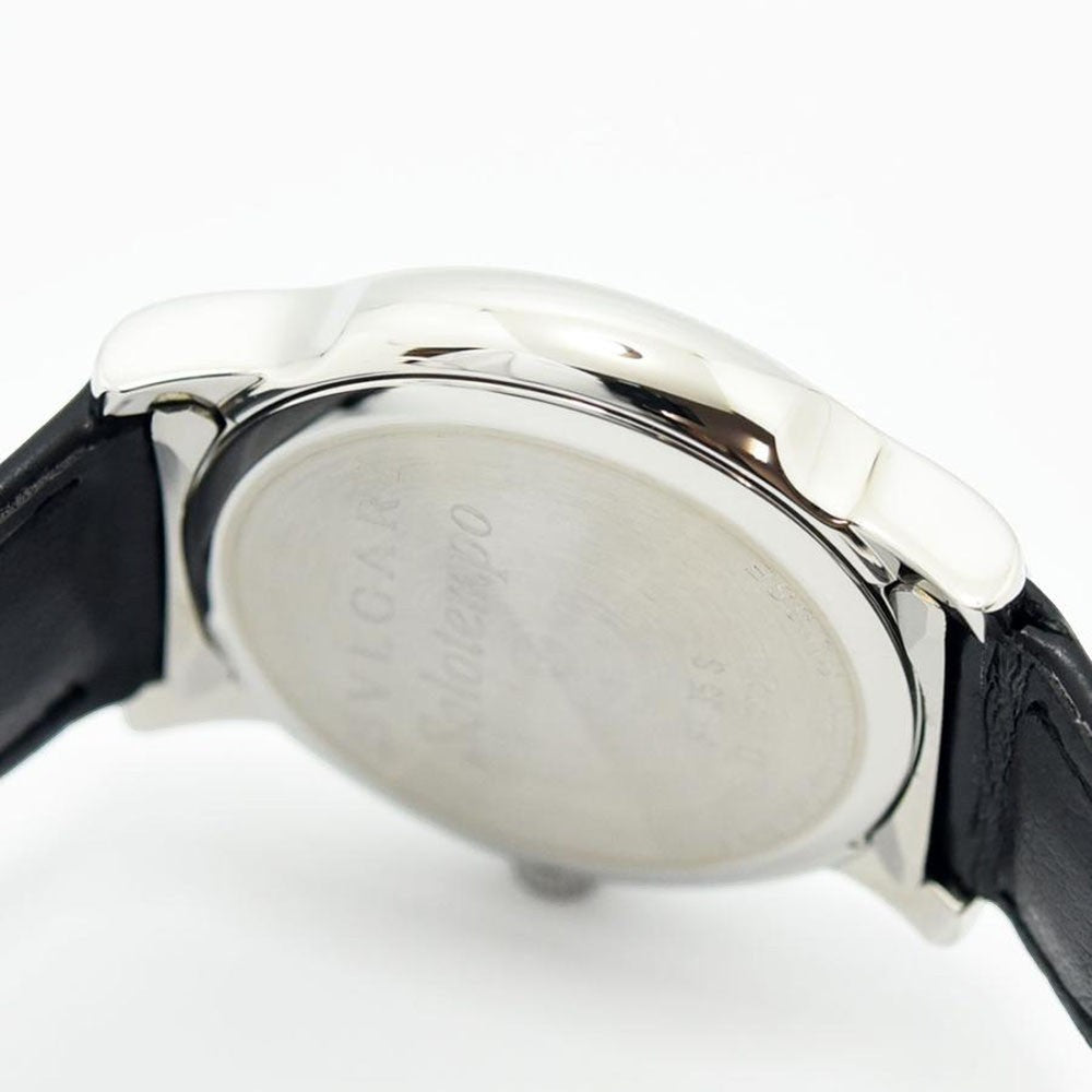 VINTAGE WATCHES FASHION ブルガリ ソロテンポ ST35S メンズ腕時計。シルバーケース、ブラックレザーベルト、ブルー文字盤。日付表示機能付き。