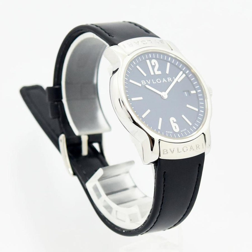 VINTAGE WATCHES FASHION ブルガリ ソロテンポ ST35S メンズ腕時計、ブルー文字盤、シルバーケース、ブラックレザーベルト、日付表示機能付き