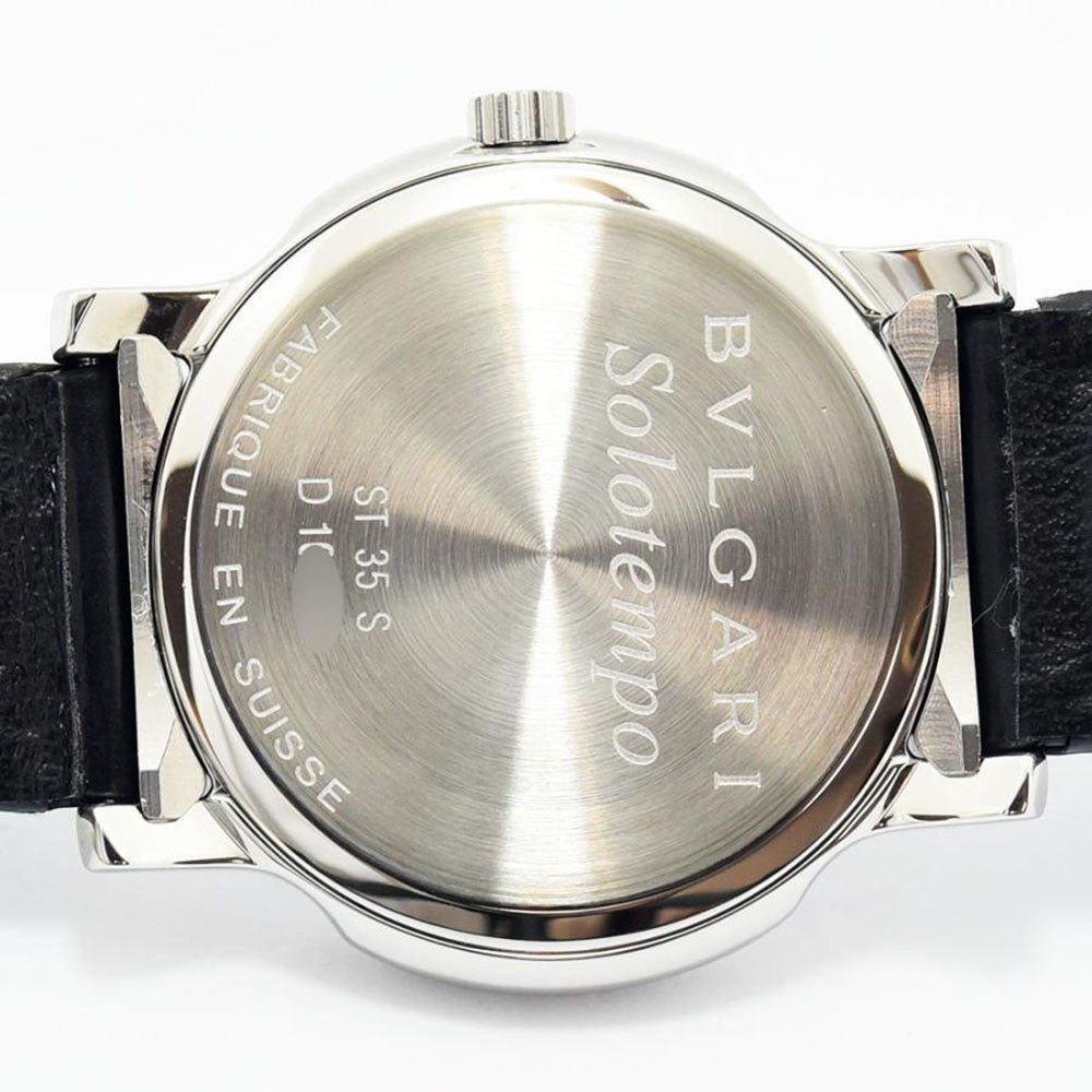 VINTAGE WATCHES FASHION ブルガリ ソロテンポ ST35S メンズ腕時計。シルバーケース、ブラックレザーベルト、ブルー文字盤。日付表示機能付き。