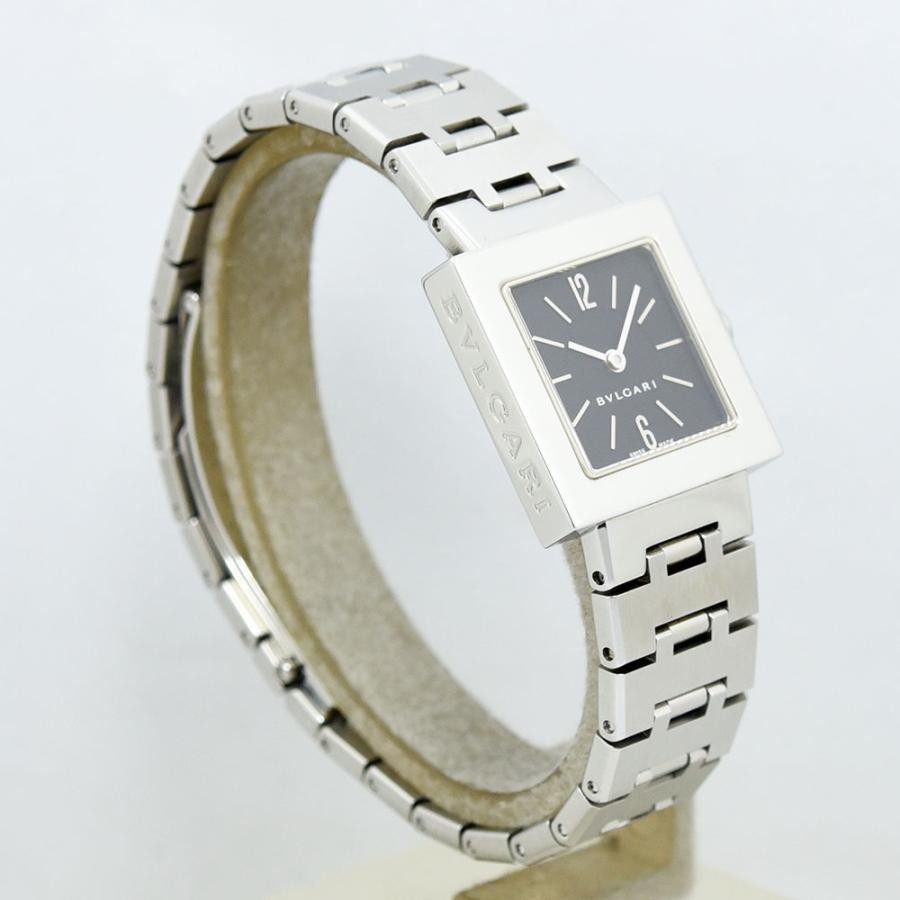 VINTAGE WATCHES FASHION ブルガリのスクエアフェイスステンレススチールウォッチ。ブラックダイヤル、シルバーブレスレット。
