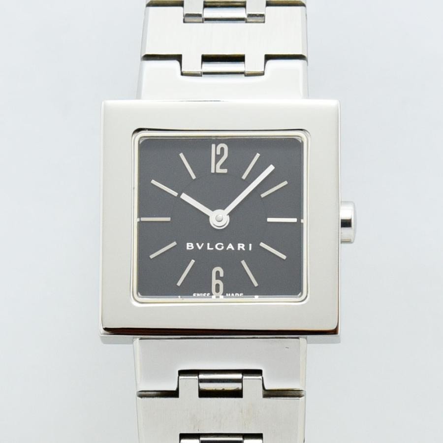 VINTAGE WATCHES FASHION ブルガリのスクエアフェイスステンレススチールウォッチ。ブラックダイヤル、シルバーブレスレット。