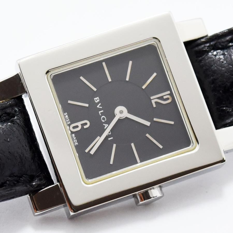 VINTAGE WATCHES FASHIONのブルガリ製スクエアフェイス腕時計。ブラック文字盤、シルバーインデックス、ブラックレザーベルト。