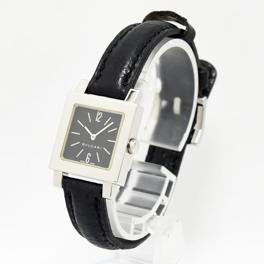 VINTAGE WATCHES FASHIONのブルガリ製スクエアフェイス腕時計。ブラックレザーベルト、シルバーケース、ブラック文字盤。
