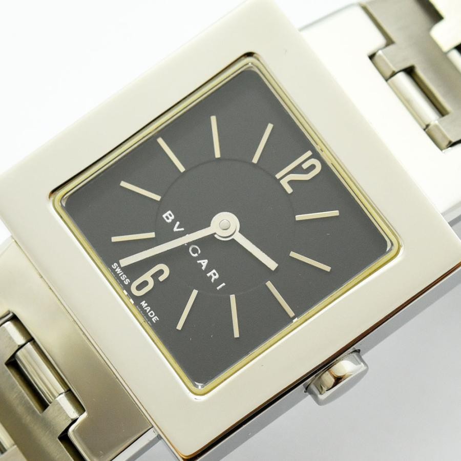 VINTAGE WATCHES FASHIONのブルガリ製スクエアフェイス腕時計。シルバーのステンレススチール製ケースとブレスレット、ダークグレーの文字盤。12時と6時のアラビア数字が特徴。