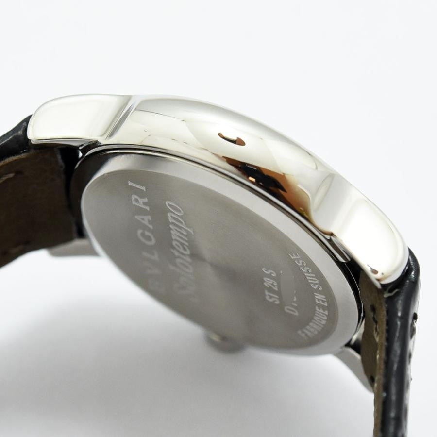 VINTAGE WATCHES FASHION ブルガリ ステンレススチールレザーベルト腕時計。シルバーケース、ホワイトダイヤル、ブラッククロコ型押しレザーストラップ。