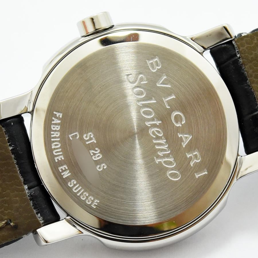 VINTAGE WATCHES FASHION ブルガリ ステンレススチールレザーベルト腕時計。シルバーケース、ホワイトダイヤル、ブラッククロコ型押しレザーストラップ。
