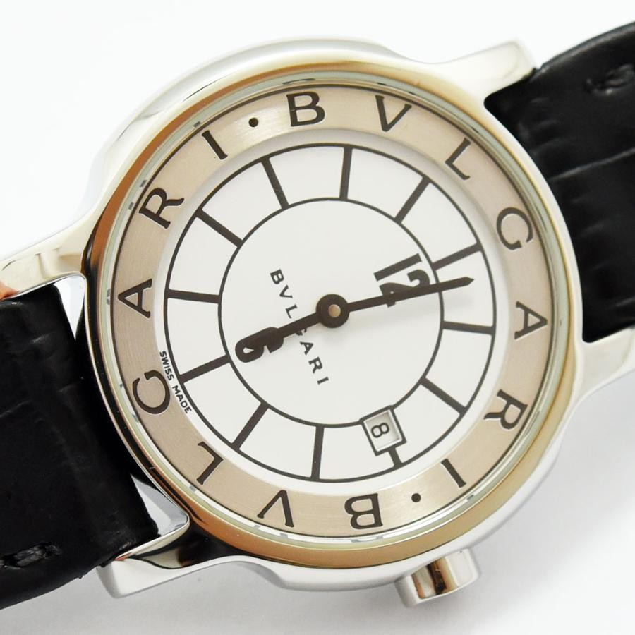VINTAGE WATCHES FASHION ブルガリ ステンレススチールレザーベルト腕時計。ホワイトダイヤル、アラビア数字インデックス、日付表示窓、ブラッククロコ型押しレザーストラップ。