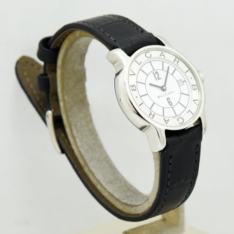VINTAGE WATCHES FASHION ブルガリ ステンレススチールレザーベルト腕時計。ホワイトダイヤル、日付表示、ブラッククロコ型押しレザーストラップ。