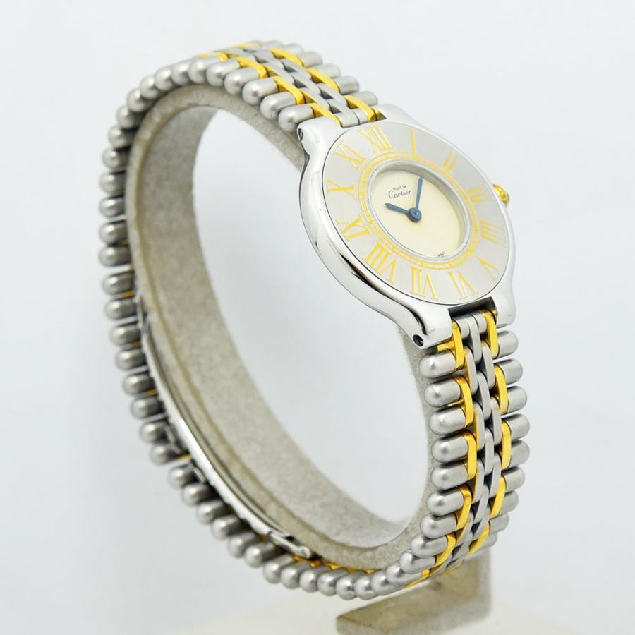 VINTAGE WATCHES FASHION カルティエ マストタンク レディース腕時計。シルバーとゴールドのコンビブレスレット、アイボリー文字盤、ローマ数字インデックス、ブルーの針。