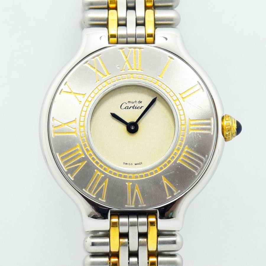 VINTAGE WATCHES FASHION カルティエ マストタンク 21 腕時計。シルバーとゴールドのコンビネーション、ローマ数字インデックス、アイボリー文字盤、ブルーの針。