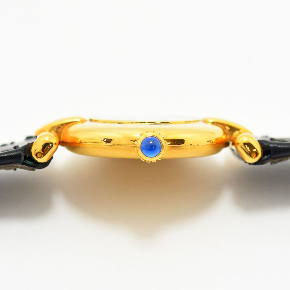 VINTAGE WATCHES FASHION カルティエ マストタンク ヴェルメイユ ゴールドトーンケース、ブルーカボションリューズ、ブラックレザーストラップのクオーツ腕時計
