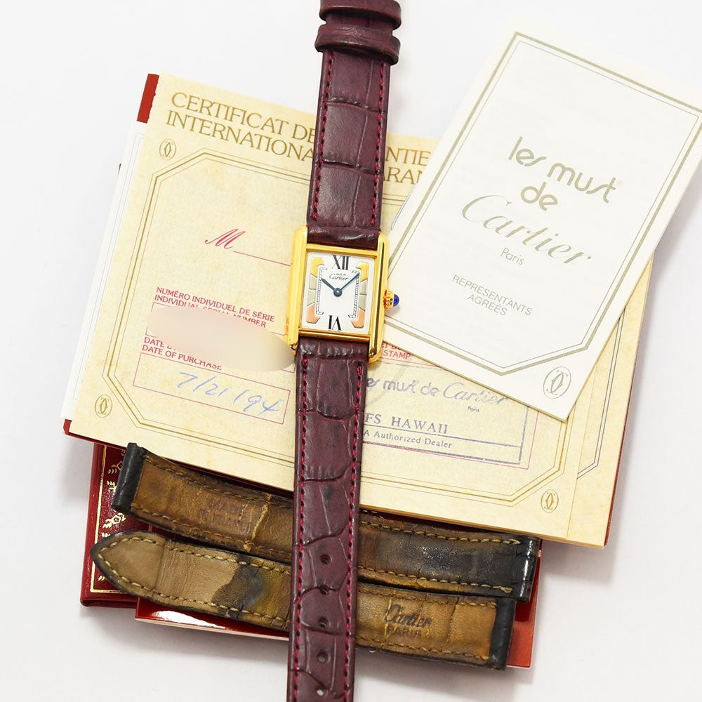 VINTAGE WATCHES FASHION カルティエ マストタンク ヴェルメイユ SM クォーツ SV925 ゴールドケース ボルドー革ベルト ローマ数字