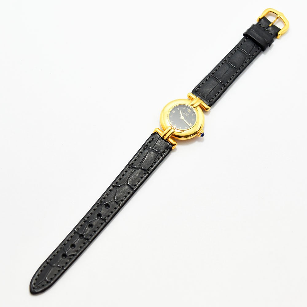VINTAGE WATCHES FASHION カルティエ マストタンク ヴェルメイユ ゴールドトーンケース ブラックダイヤル ローマ数字 アリゲーターエンボスレザーストラップ クオーツ腕時計