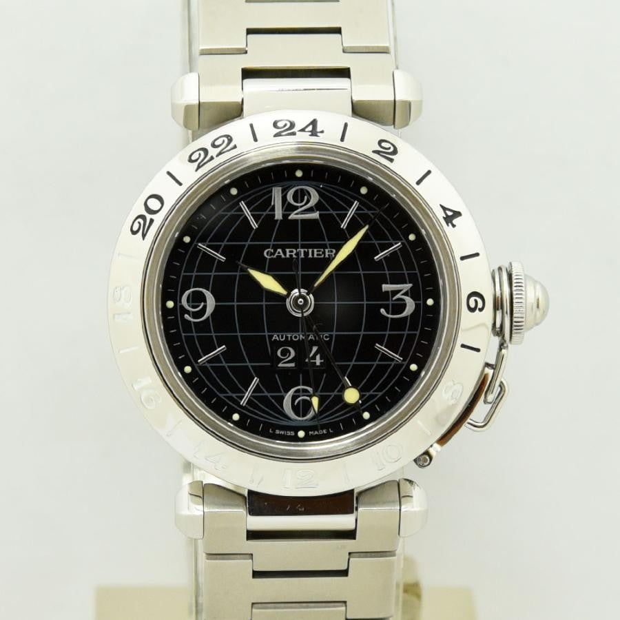 VINTAGE WATCHES FASHION カルティエ パシャ GMT オートマティック ウォッチ。ステンレススティール製、ブラック文字盤、自動巻き、GMT機能付き。