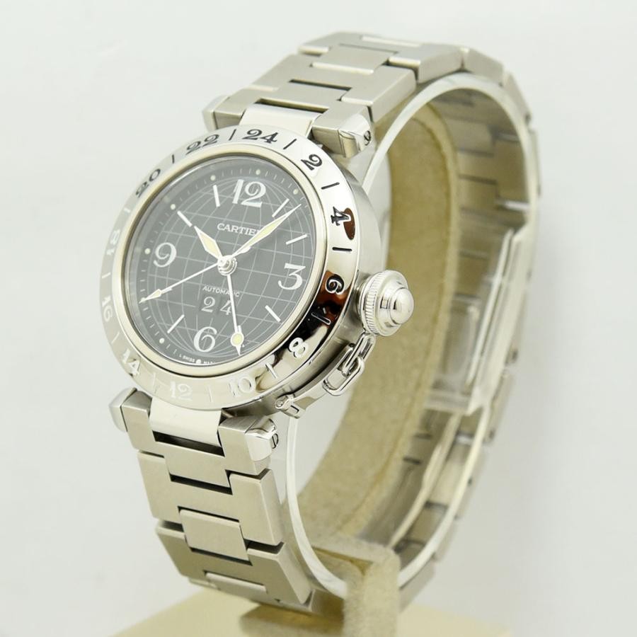 VINTAGE WATCHES FASHION カルティエ パシャ GMT オートマティック ウォッチ。ステンレススティール製、ブラック文字盤、自動巻き、GMT機能付き。