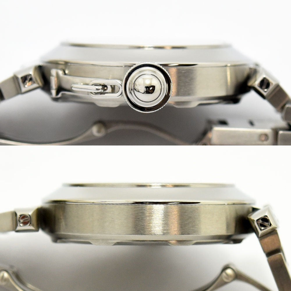 VINTAGE WATCHES FASHIONのカルティエ パシャ オートマティック、ステンレス製ケースと特徴的なチェーン付きリューズプロテクターの側面図