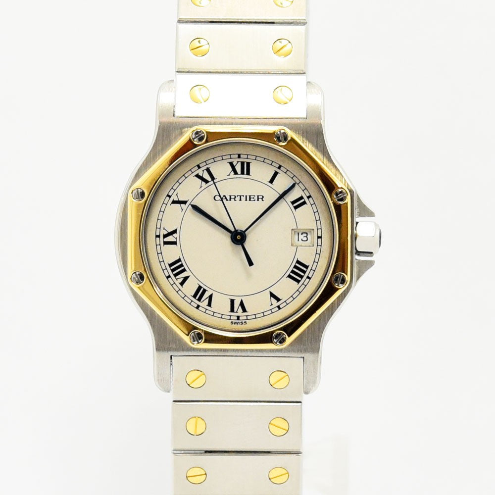 VINTAGE WATCHES FASHIONのCartier Santos Octagon腕時計。ステンレスとイエローゴールドのコンビ、ビスモチーフが特徴的なクラシックなデザイン。