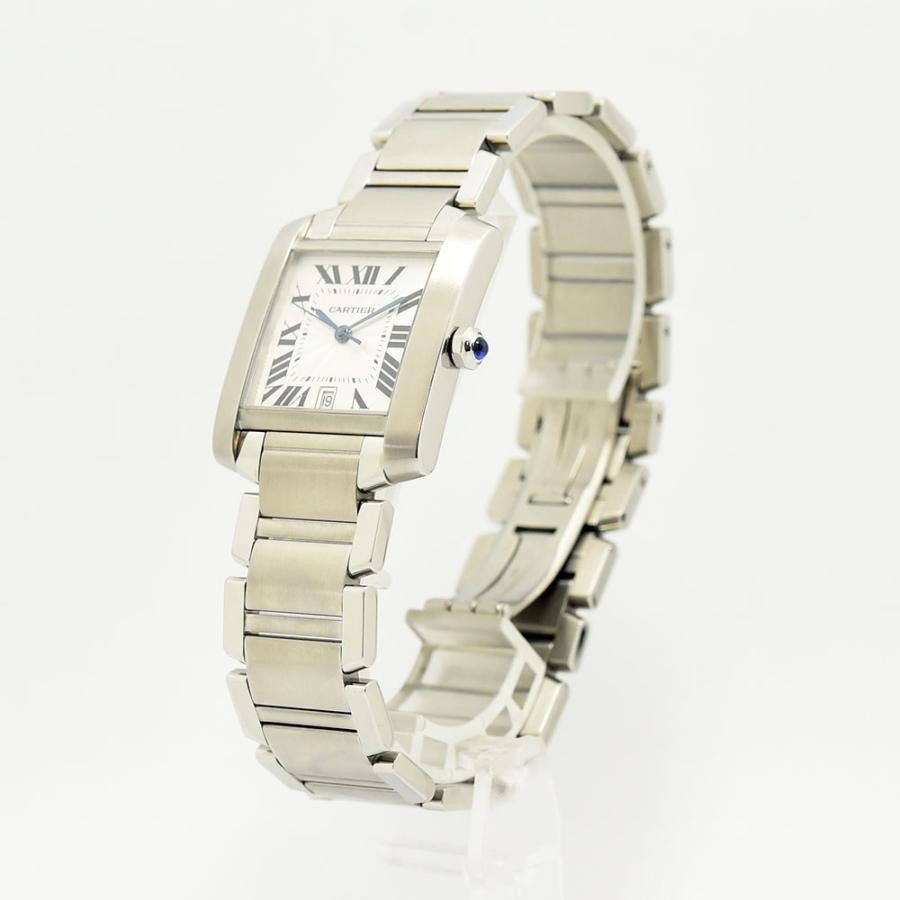 VINTAGE WATCHES FASHIONのCartierタンクフランセーズ自動巻き腕時計。ステンレス製スクエアケースとローマ数字文字盤、ブルーのスピネル付きリューズが特徴。