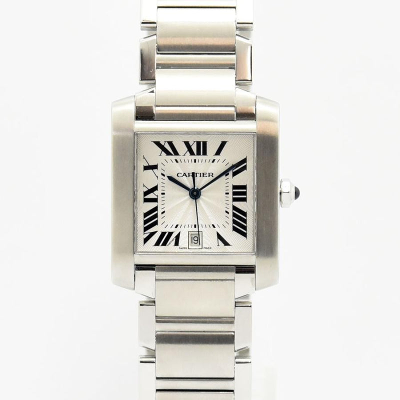 VINTAGE WATCHES FASHIONのCartierタンクフランセーズ自動巻き腕時計。ステンレス製スクエアケースにローマ数字文字盤とブルーのスピネルリューズが特徴。
