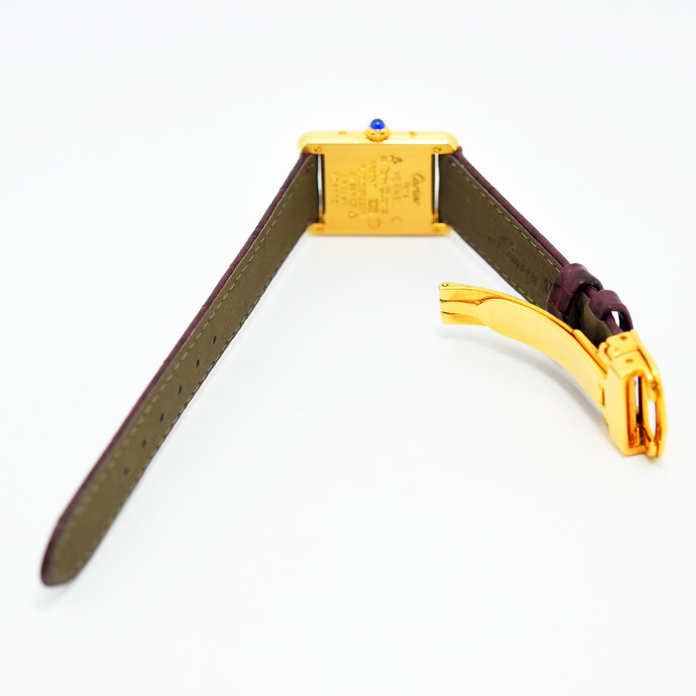 VINTAGE WATCHES FASHION カルティエ タンクヴェルメイユ クォーツウォッチ、ボルドーのクロコ型押しレザーストラップ、ゴールドカラーケース