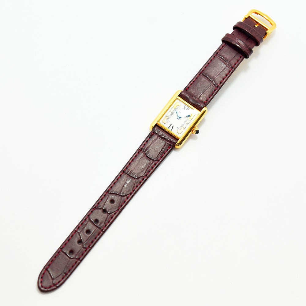 VINTAGE WATCHES FASHION カルティエ タンクヴェルメイユ クォーツウォッチ、ボルドーのクロコダイル型押しレザーストラップ、ゴールドカラーケース