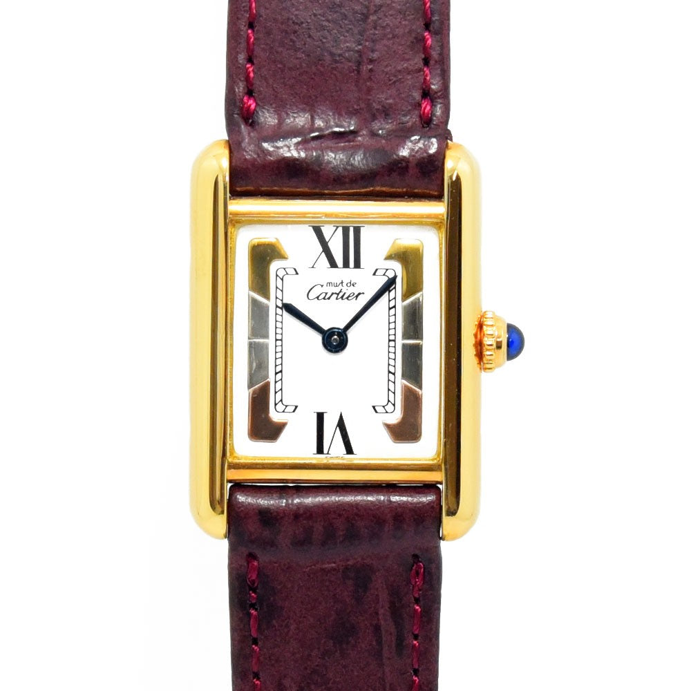 VINTAGE WATCHES FASHION カルティエ タンクヴェルメイユ クォーツウォッチ、ボルドーレザーストラップ、ゴールドケース、ローマ数字