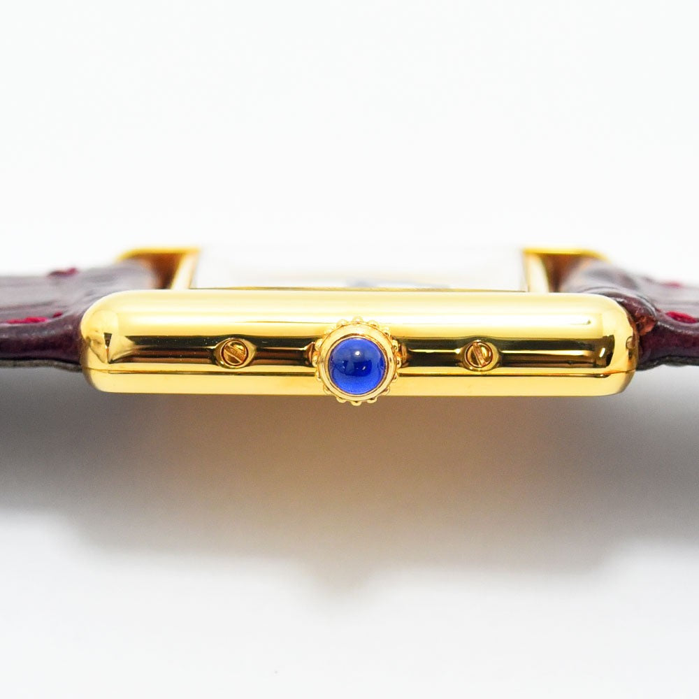 VINTAGE WATCHES FASHION カルティエ タンク ヴェルメイユ クォーツウォッチ、ゴールドケース、ボルドーレザーストラップ、ブルーカボション付き