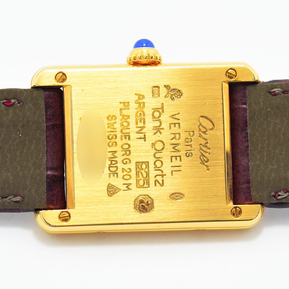 VINTAGE WATCHES FASHION カルティエ タンク ヴェルメイユ クォーツウォッチ、ボルドーレザーストラップ。ゴールドカラーケース、ローマ数字インデックス。