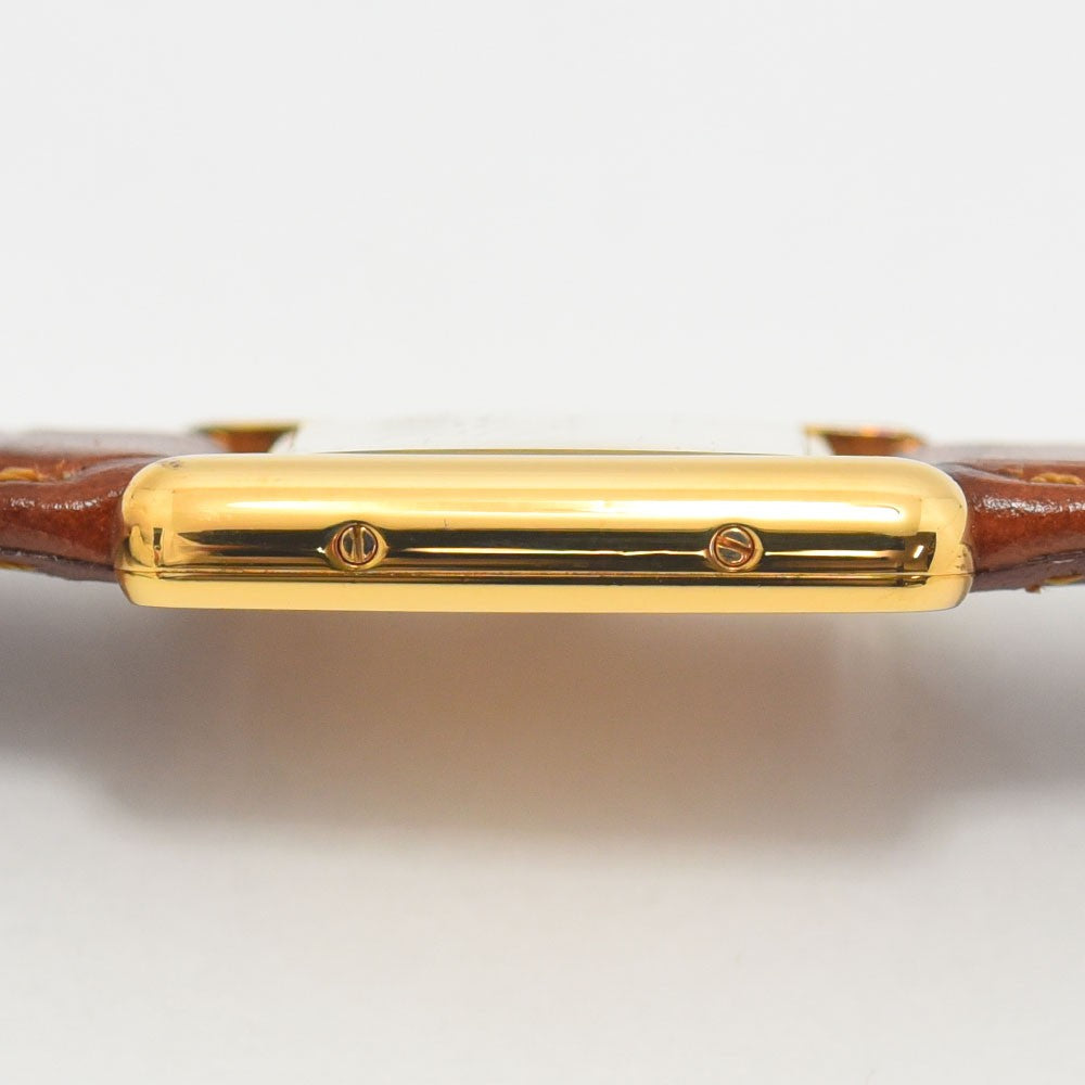 VINTAGE WATCHES FASHIONのイエローゴールドカラーケース、ローマ数字インデックスのクリームイエロー文字盤、ブラウンクロコダイルエンボスレザーストラップのカルティエ タンク ヴェルメイユ レディースウォッチ