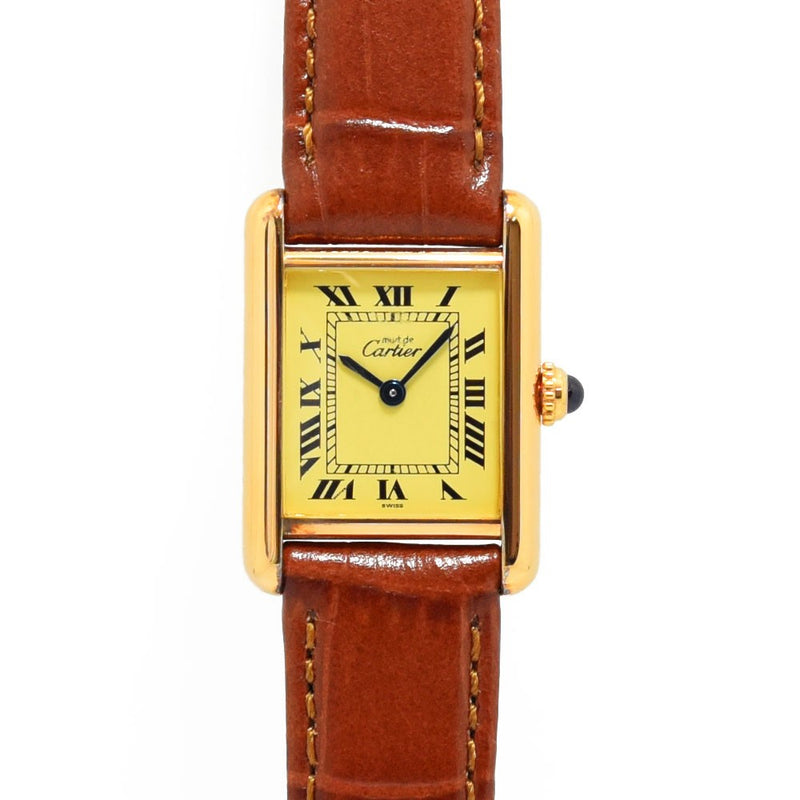 VINTAGE WATCHES FASHIONのイエローゴールドカラーケース、クリームイエロー文字盤、ローマ数字インデックス、ブラウンクロコダイルエンボスレザーストラップのレディースタンクウォッチ
