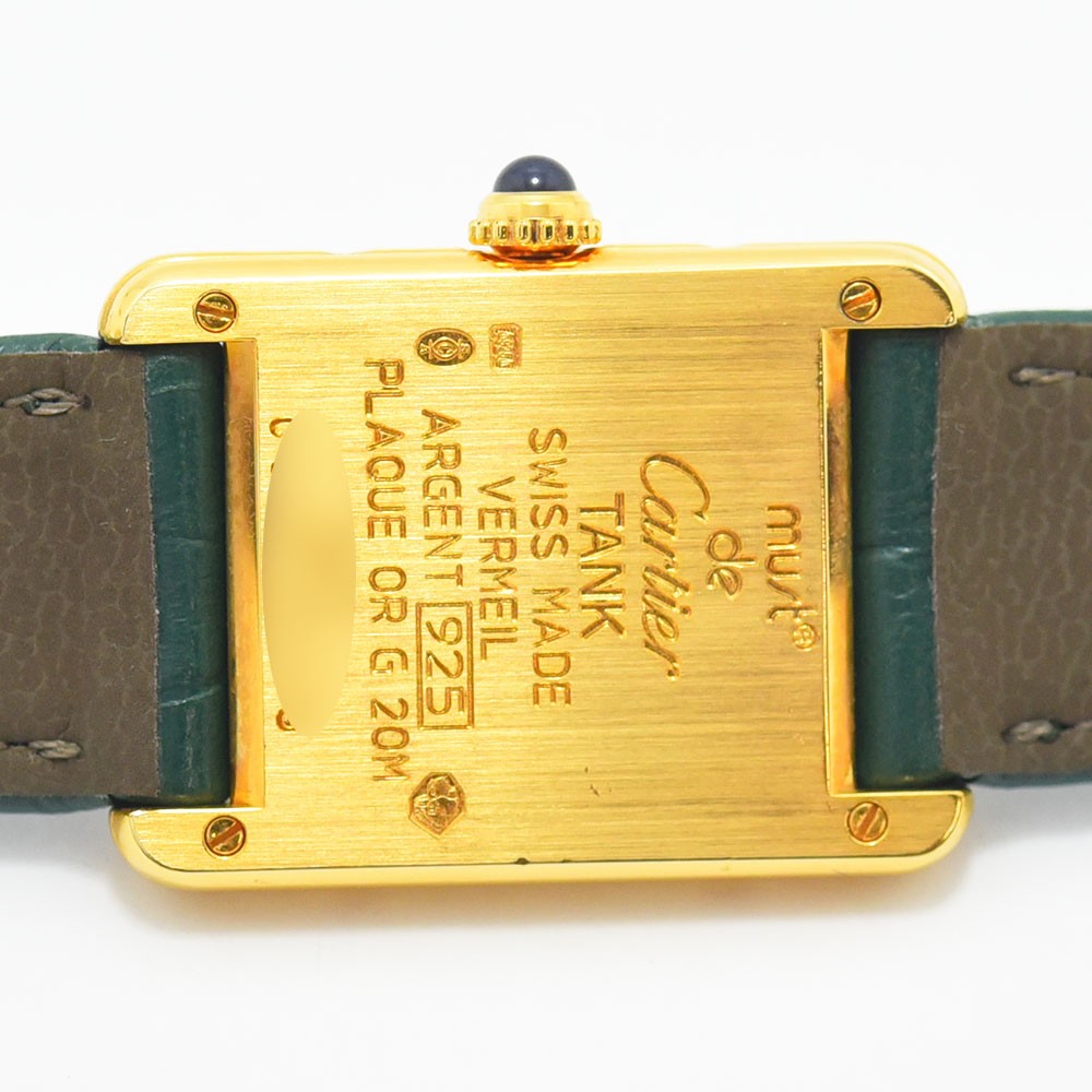 VINTAGE WATCHES FASHION Must de Cartier Tank腕時計、ゴールドケース、グリーンレザーベルト、ローマ数字インデックス