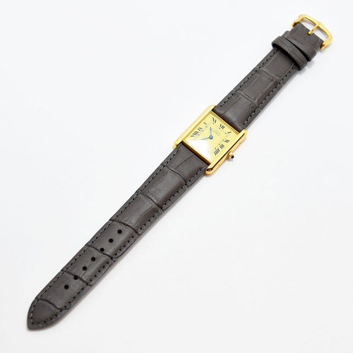 VINTAGE WATCHES FASHION カルティエ タンク レディース腕時計、イエローフェイス、ローマ数字、ゴールドトーンケース、グレーアリゲーターレザーストラップ