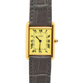 VINTAGE WATCHES FASHION カルティエ タンク レディース腕時計、イエローフェイス、ローマ数字インデックス、ゴールドトーンケース、グレーアリゲーターレザーストラップ