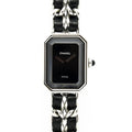 VINTAGE WATCHES FASHIONRectangleチェーンウォッチ、黒文字盤、シルバーチェーンストラップ、レザーインサート、スイス製クォーツムーブメント