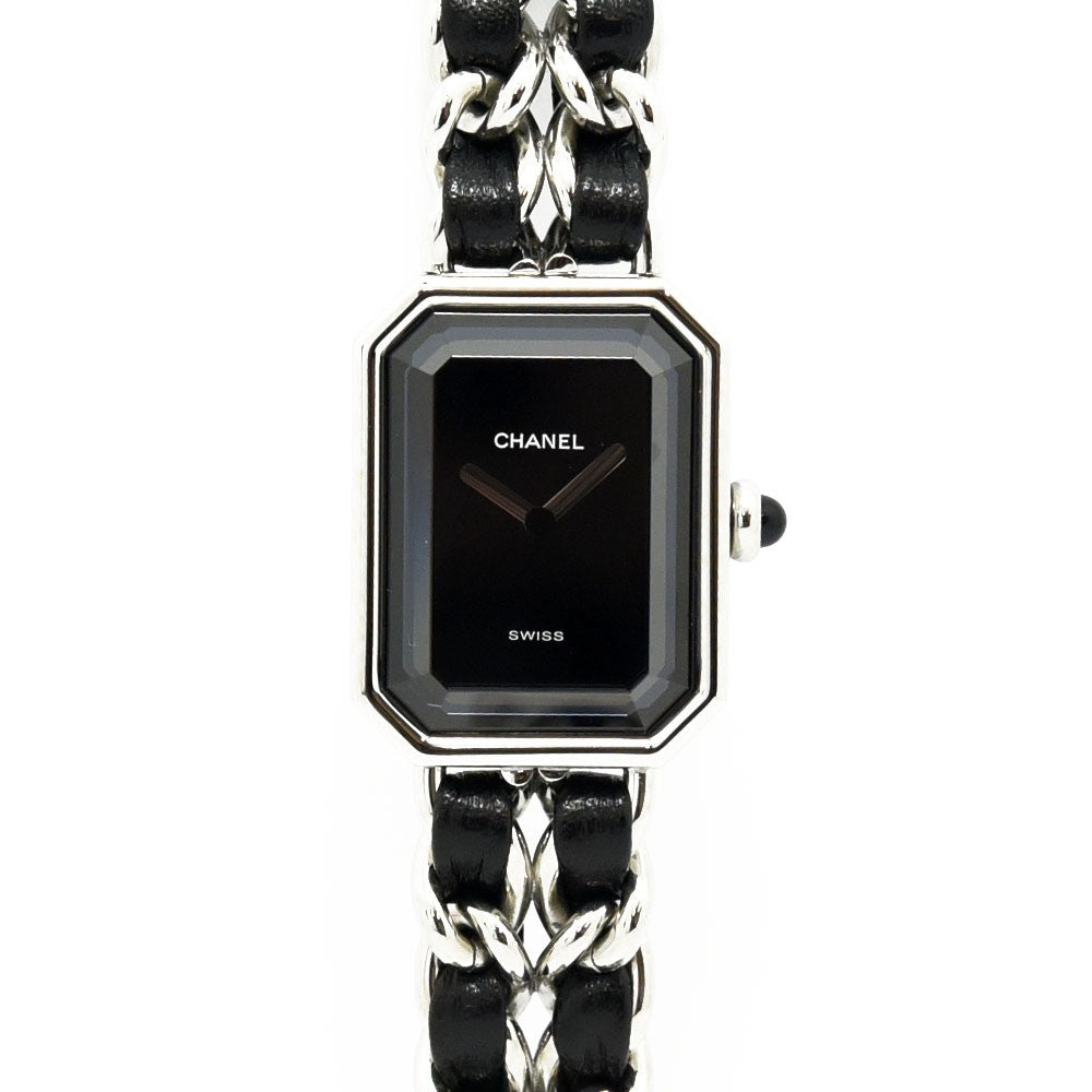VINTAGE WATCHES FASHIONRectangleチェーンウォッチ、黒文字盤、シルバーチェーンストラップ、レザーインサート、スイス製クォーツムーブメント