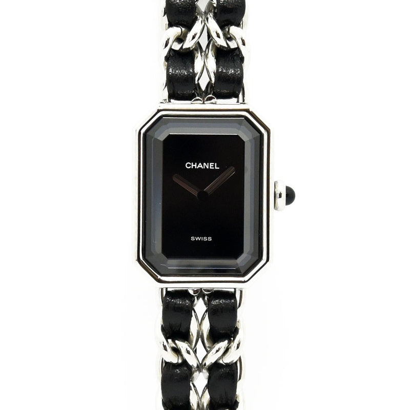 VINTAGE WATCHES FASHIONRectangleチェーンウォッチ、黒文字盤、シルバーチェーンストラップ、レザーインサート、スイス製クォーツムーブメント