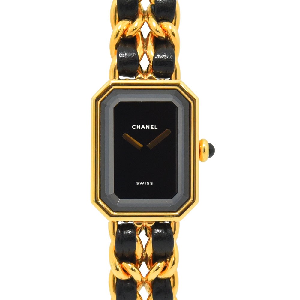 VINTAGE WATCHES FASHION シャネル プルミエールウォッチ、ゴールドメッキチェーンとブラックレザー、ブラックダイヤル、八角形ケース