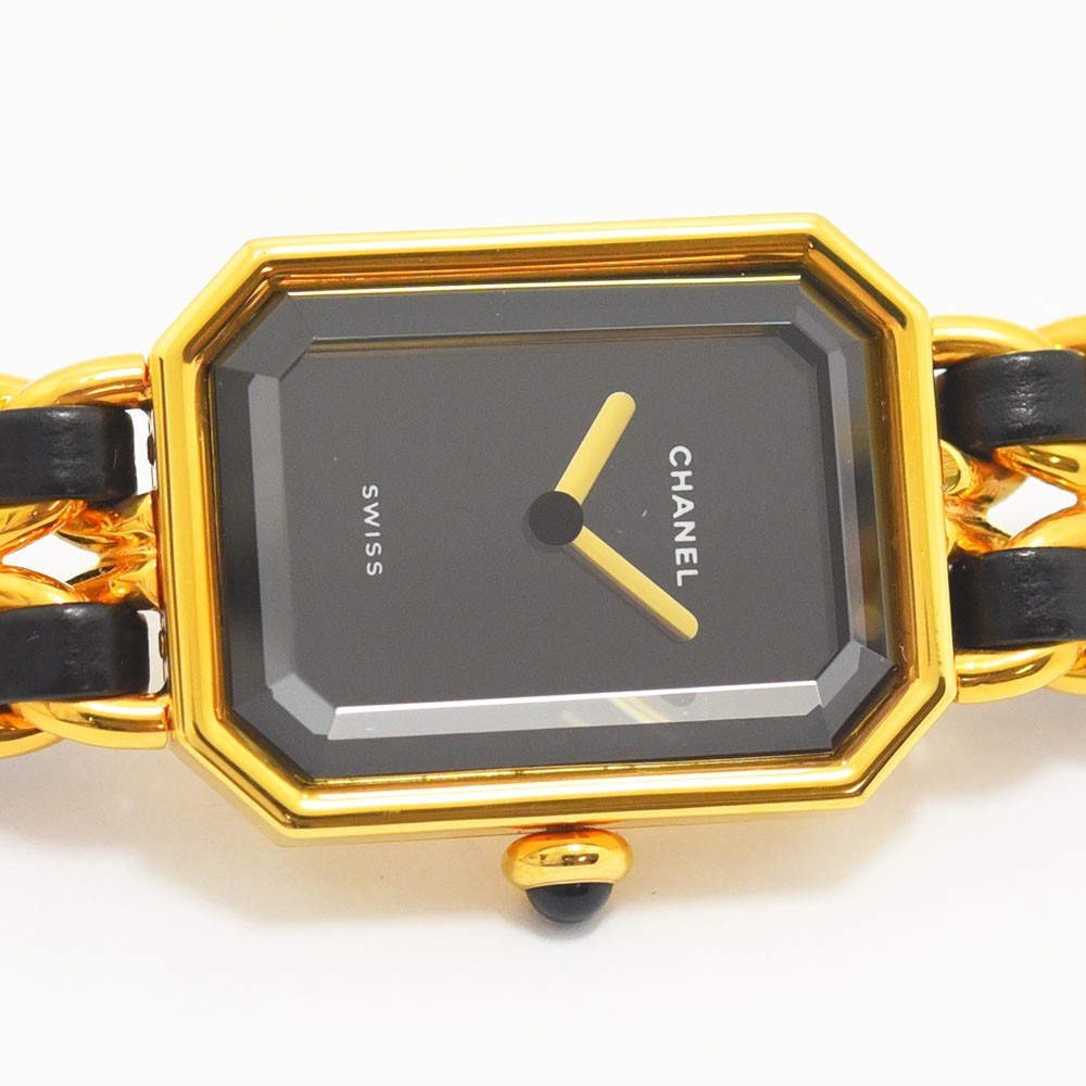 VINTAGE WATCHES FASHION シャネル プルミエールウォッチ、ゴールドとブラックレザーのチェーンブレスレット、八角形ケース、ブラックダイヤル