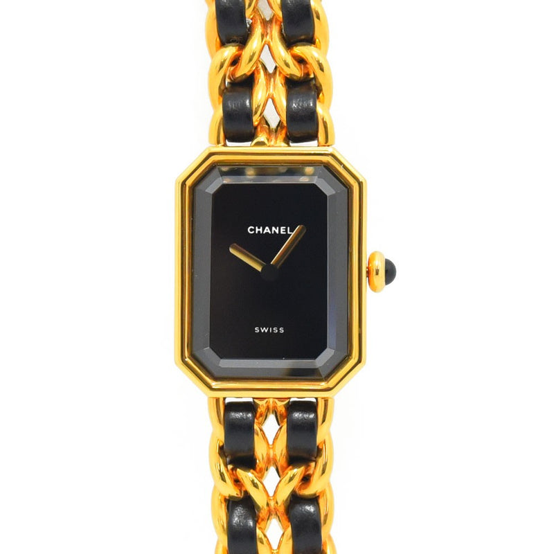 VINTAGE WATCHES FASHION シャネルのプルミエールウォッチ。ゴールドとブラックレザーのチェーンブレスレット、八角形ケース、ブラックダイヤル。