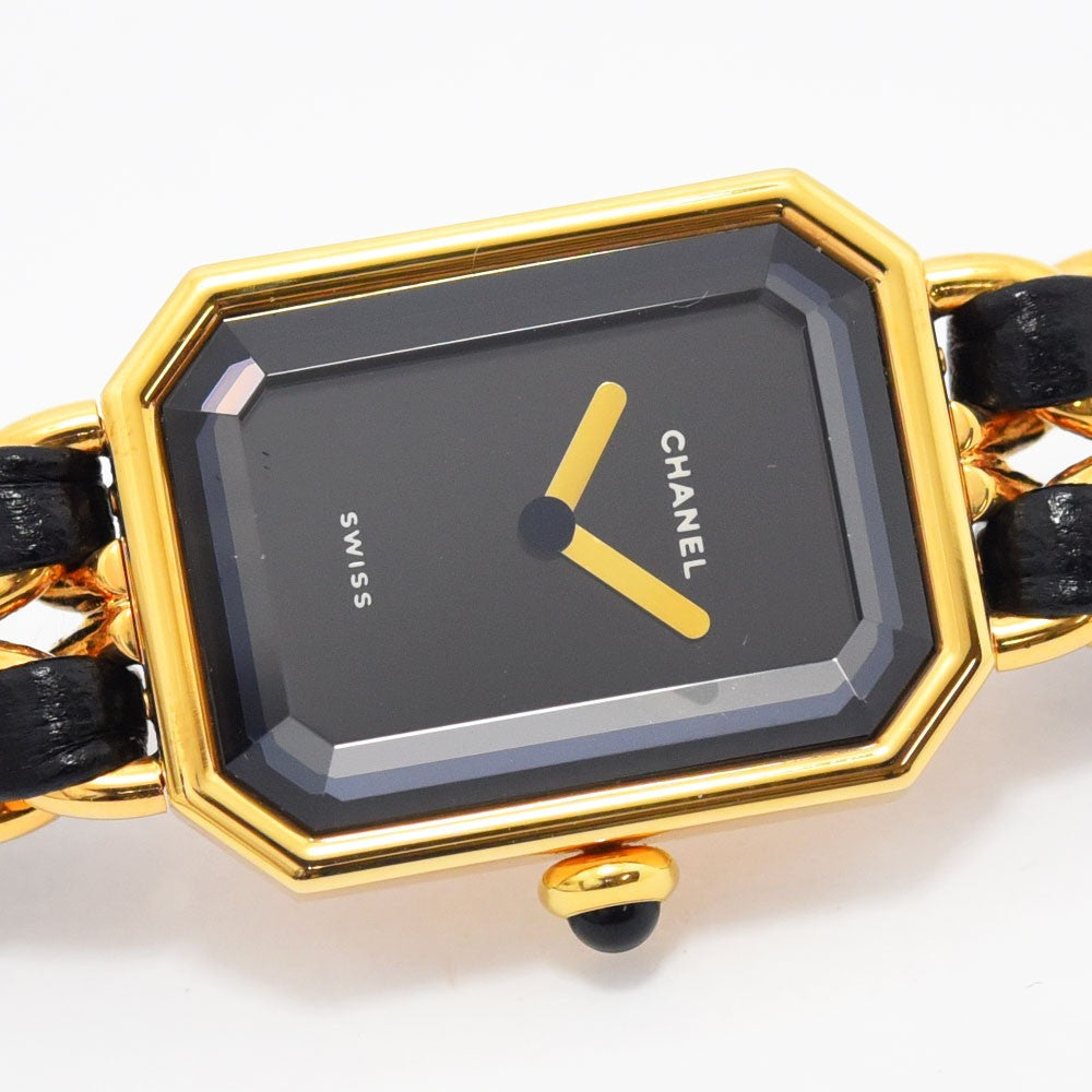 VINTAGE WATCHES FASHION シャネルのプルミエールウォッチ、ゴールドメッキ、ブラックレザー、八角形ケース、ブラックダイヤル、スイス製クォーツ