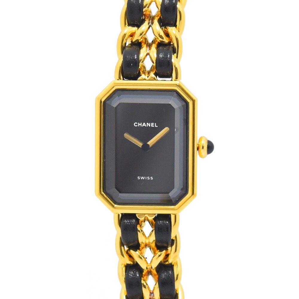 VINTAGE WATCHES FASHION シャネル プルミエールウォッチ、ゴールドチェーンとブラックレザー、ブラック文字盤、八角形ケース、スイス製