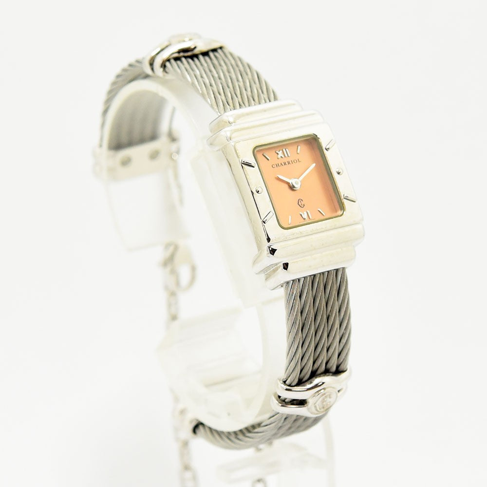 VINTAGE WATCHES FASHIONのピーチ文字盤とシルバーワイヤーケーブルブレスレットが特徴的なレディース腕時計