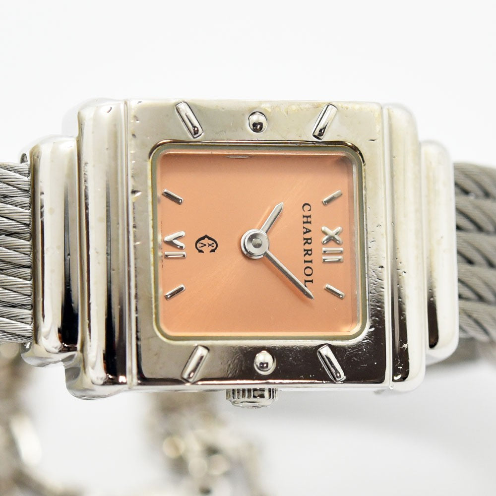 VINTAGE WATCHES FASHIONのピーチカラー文字盤とワイヤーケーブルブレスレットが特徴的なスクエア型ステンレススチール製レディース腕時計