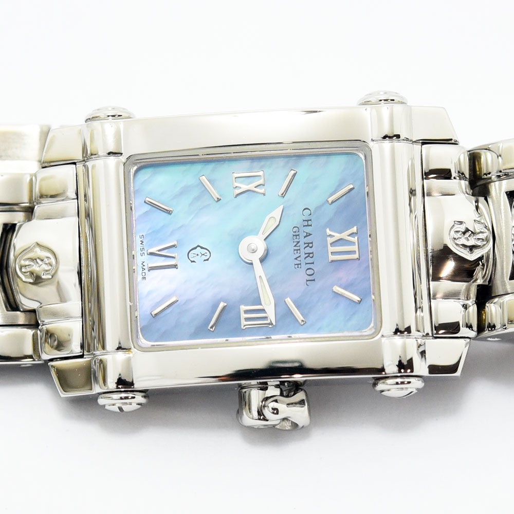 VINTAGE WATCHES FASHIONのCHARRIOLコロンブス腕時計。マザーオブパールの文字盤とステンレススチール製レクタンギュラーケースが輝くエレガントなレディースウォッチ