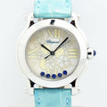 VINTAGE WATCHES FASHION ショパール ハッピーダイヤモンド ウォッチ、花柄文字盤、ブルーレザーストラップ、5つのダイヤモンド