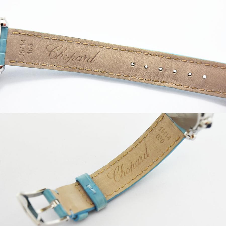 VINTAGE WATCHES FASHION ショパール ハッピーダイヤモンド ウォッチ、ブルーのレザーストラップ、花柄文字盤、ステンレススチール
